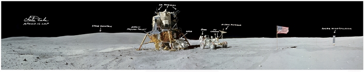 Charlie Duke Signed 40 x 8 Panoramic Photo of the Moon During the Apollo 16 Mission -- Duke Also Handwrites Objects in the Photo Including Fellow Astronaut John Young