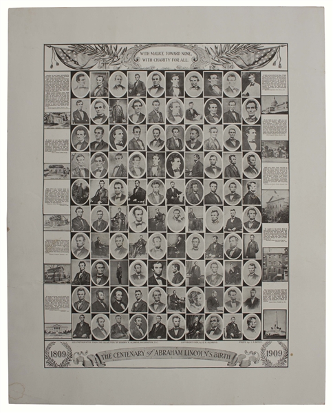 Abraham Lincoln Broadside Featuring 100 Photographs of the Beloved President -- Printed in 1909 on the 100th Anniversary of Lincoln's Birth
