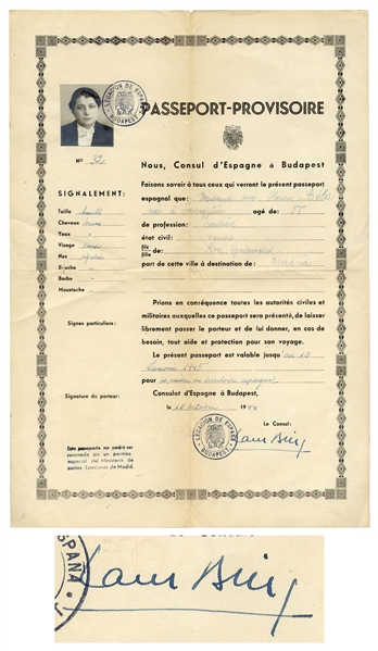 Angel Sanz Briz Signed WWII Protective Passport -- Called ''The Angel of Budapest'', Sanz Briz Saved the Lives of Thousands of Hungarian Jews by Issuing Fake Spanish Passports -- Very Scarce