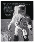 Alan Bean Signed 16'' x 20'' Lunar Photo With Fantastic Handwritten Detail on Working in His Space Suit -- ''...As you can see, both legs are getting dirty with moon dust...''
