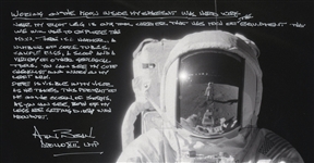 Alan Bean Signed 16'' x 20'' Lunar Photo With Fantastic Handwritten Detail on Working in His Space Suit -- ''...As you can see, both legs are getting dirty with moon dust...''