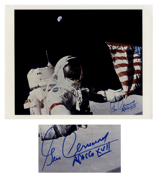 Apollo 17 Astronaut Gene Cernan Signed 14'' x 11'' Photo -- The Last Man to Walk on the Moon