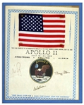 Exceptionally Scarce Apollo 11 Space-Flown U.S. Flag -- Affixed to a NASA Certificate Signed by Each of the Apollo 11 Crew Members: Neil Armstrong, Michael Collins & Buzz Aldrin