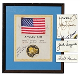 Apollo 13 American Flag Space-Flown -- Affixed to Official NASA Certificate Signed By Each Astronaut