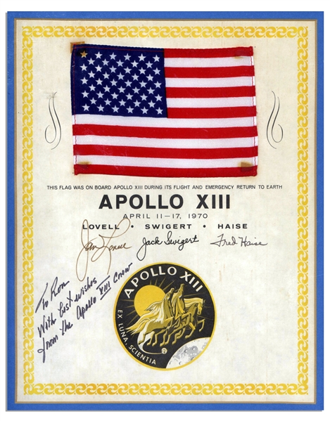Apollo 13 American Flag Space-Flown -- Affixed to Official NASA Certificate Signed By Each Astronaut