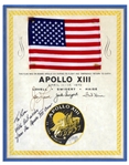 Apollo 13 American Flag Space-Flown -- Affixed to Official NASA Certificate Signed By Each Astronaut