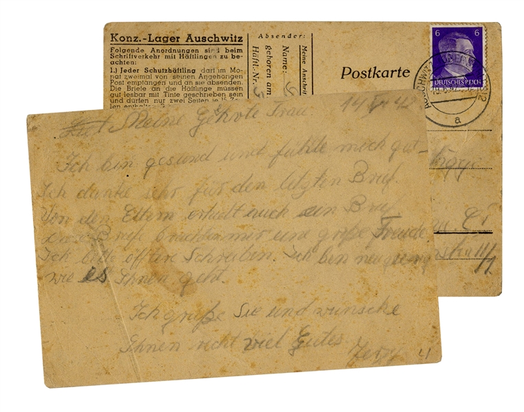 WWII Letter From a Prisoner at the Auschwitz Concentration Camp -- on Auschwitz Postcard With Camp ''Rules''