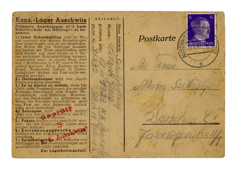 WWII Letter From a Prisoner at the Auschwitz Concentration Camp -- on Auschwitz Postcard With Camp ''Rules''