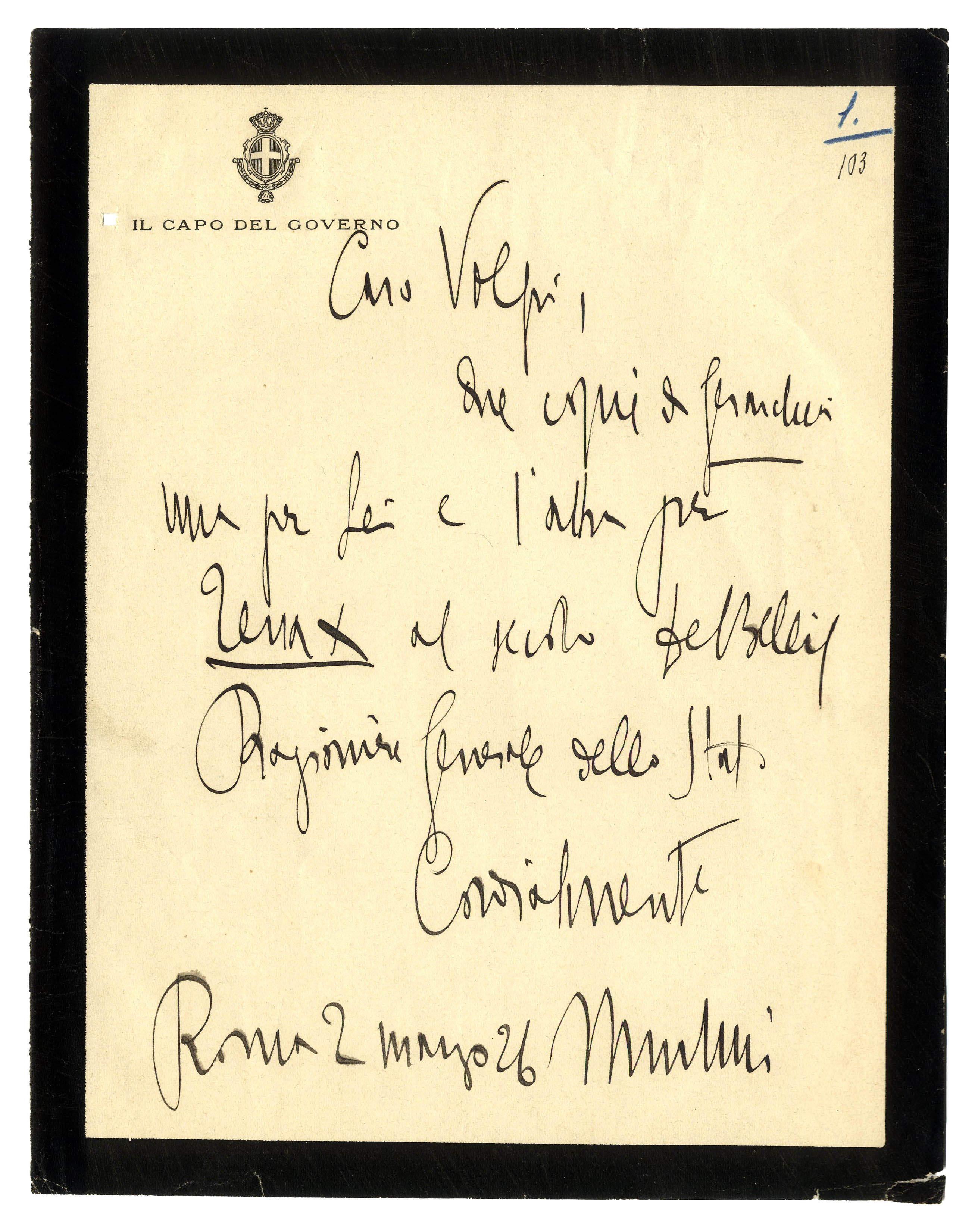 Lot Detail - Benito Mussolini Autograph Letter Signed