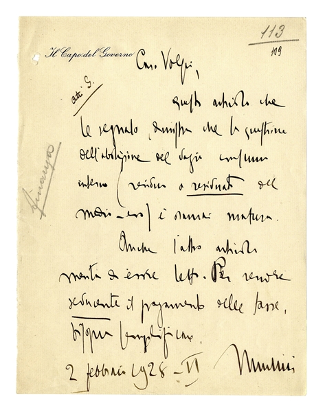 Benito Mussolini Autograph Letter Signed as Prime Minister and Duce of Fascism -- ''...In order to make paying taxes enticing, it's necessary to simplify...''