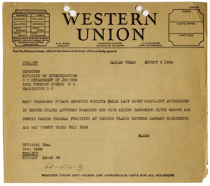 Bonnie & Clyde Telegram From 1934 -- The FBI Arrests Conspirator Mary O'Dare