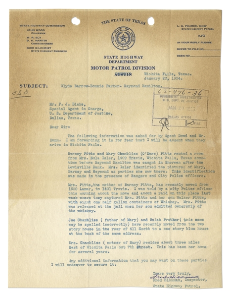 Bonnie & Clyde Document From January 1934 -- From the Texas State Highway Patrol on the Whereabouts of the Gang After the Eastham Prison Breakout