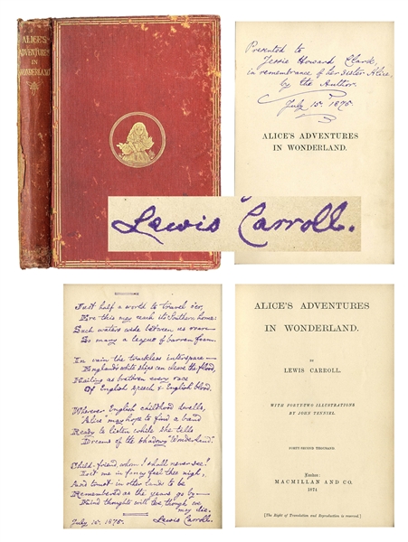 Lewis Carroll Autograph Poem Signed in ''Alice's Adventures in Wonderland'' -- Carroll Cleverly Composes an Acrostic Poem Where the First Letter of Each Line Reveals a Message