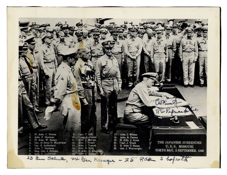 Admiral Chester Nimitz Signed Photo of the Japanese Surrender, Uninscribed -- Nimitz Also Identifies Three ''Forgotten'' Individuals in the Photo, Including General Joseph Stilwell