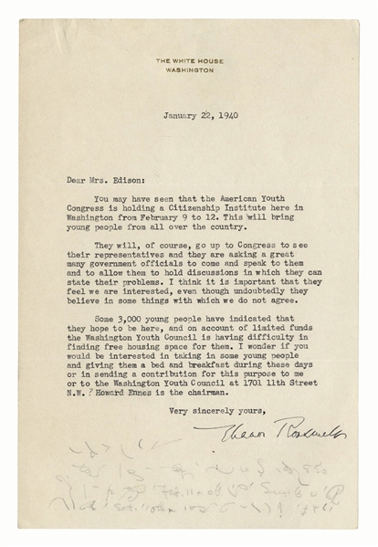 Eleanor Roosevelt Letter Signed as First Lady -- Roosevelt Tries to Help Students From the American Youth Congress