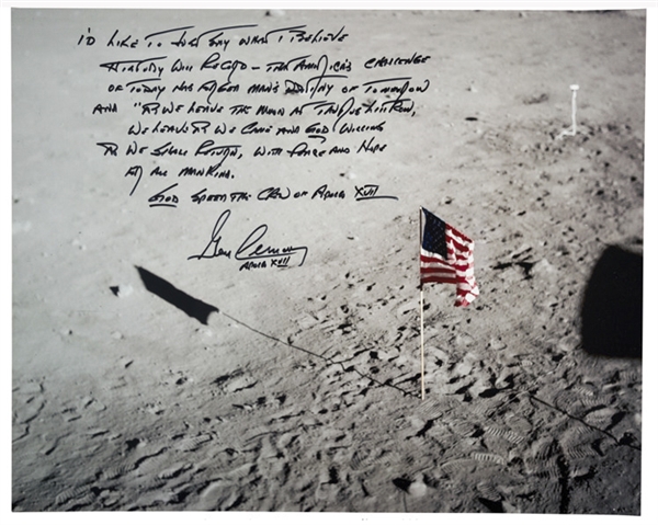 Gene Cernan Signed 20'' x 16 Photo with Extensive Handwritten Quote -- ''America's challenge of today has forged man's destiny of tomorrow''