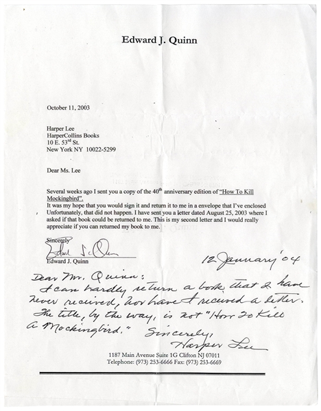 Fantastic Harper Lee Autograph Letter Signed -- ''...The title, by the way, is not 'How to Kill a Mockingbird'...''