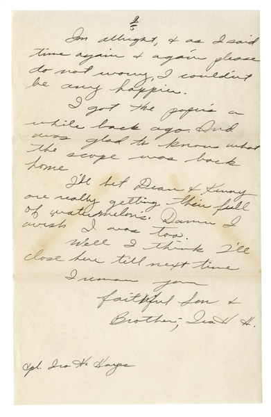 Ira Hayes WWII Autograph Letter Signed 3x -- With Native-American Content & His Well-Being After Iwo Jima: ''...as I said time again + again please do not worry, I couldn't be any happier...''