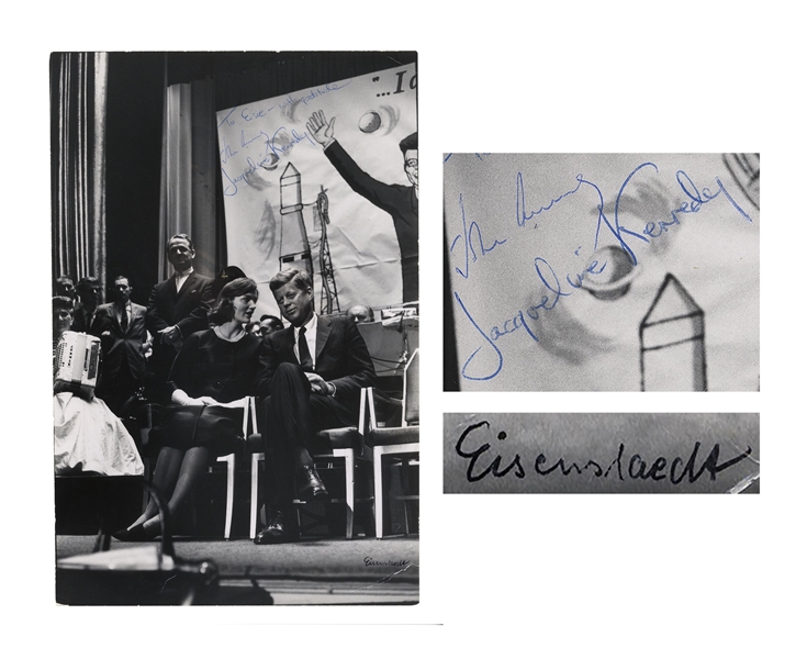 John F. Kennedy & Jackie Kennedy Signed Photo Measuring 9'' x 13.25'' -- Also Signed by Photographer, Alfred Eisenstaedt