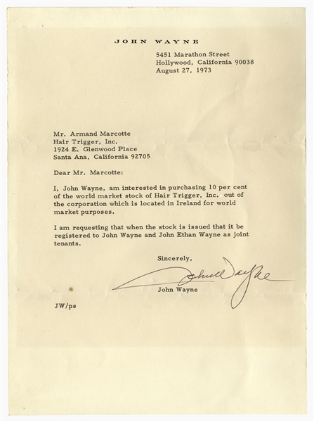 John Wayne Letter Signed, Where He Seeks to Purchase 10% of the Stock for Hair Trigger, Inc., the Company Endorsed by Wayne