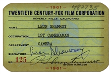 Cinematographer Leon Shamroy Signed Employee Card for 20th Century-Fox Film Corporation -- From 1961, Possibly When Shamroy Was Working on ''Cleopatra''