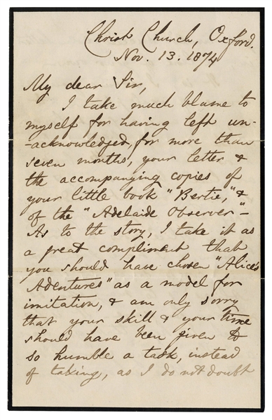 Dual-Signed Autograph Letter by ''Charles L. Dodgson / alias 'Lewis Carroll''', With Alice & Looking Glass Content: ''...They were inspired originally by an 'Alice', now a grown woman...''