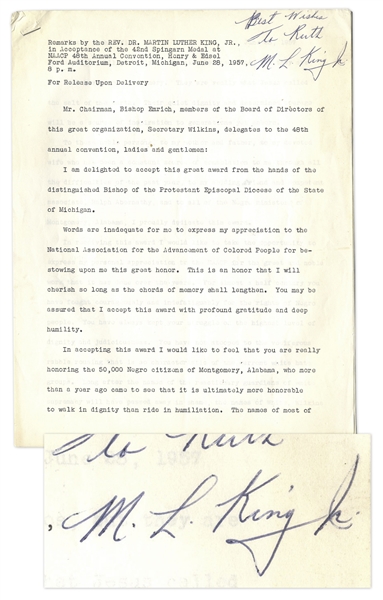 Martin Luther King Signed Speech Accepting the NAACP 1957 Spingarn Medal for the Montgomery Bus Boycott -- ''...it is ultimately more honorable to walk in dignity than ride in humiliation...''