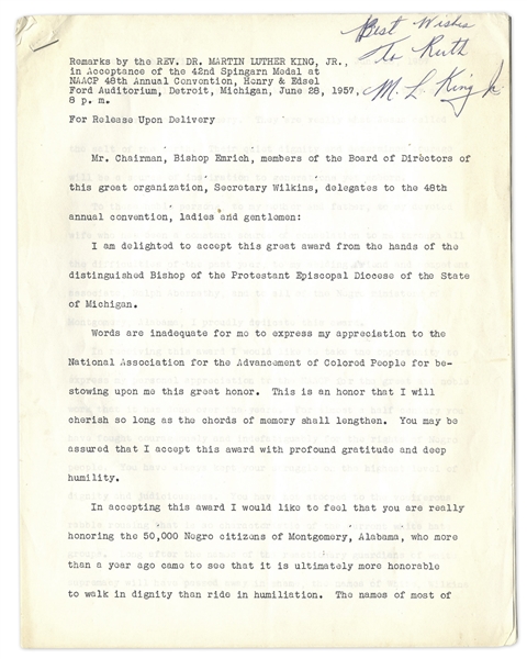 Martin Luther King Signed Speech Accepting the NAACP 1957 Spingarn Medal for the Montgomery Bus Boycott -- ''...it is ultimately more honorable to walk in dignity than ride in humiliation...''