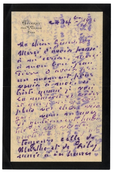 Claude Monet Autograph Letter Signed -- ''...thanks to my good Jean Pierre for having taken a moment to come to visit me...This was a cheerful distraction from my usual sad thoughts...''