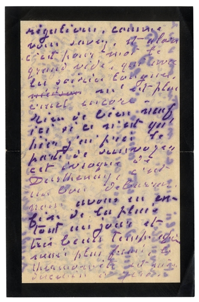 Claude Monet Autograph Letter Signed -- ''...thanks to my good Jean Pierre for having taken a moment to come to visit me...This was a cheerful distraction from my usual sad thoughts...''