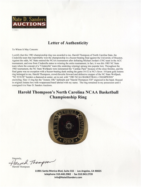 1983 North Carolina State NCAA Basketball Championship 10kt Ring -- From Wolfpack Player Harold Thompson for What's Considered the Best College Basketball Championship Game Ever Played