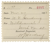 Warren Harding Signed Withdrawal Slip From His Bank in 1893