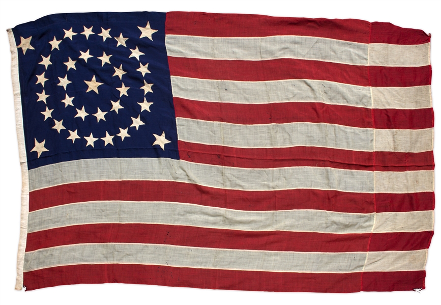 U.S. Flag With 34 Stars Representing the Addition of Kansas as the 34th State in 1861 -- Measures 9' Long -- Scarce