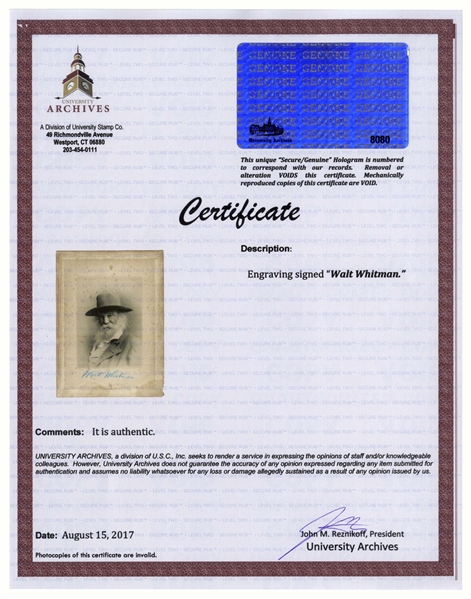 Walt Whitman Large Signed Photo Measuring 6.25'' x 8.5'' -- With University Archives COA