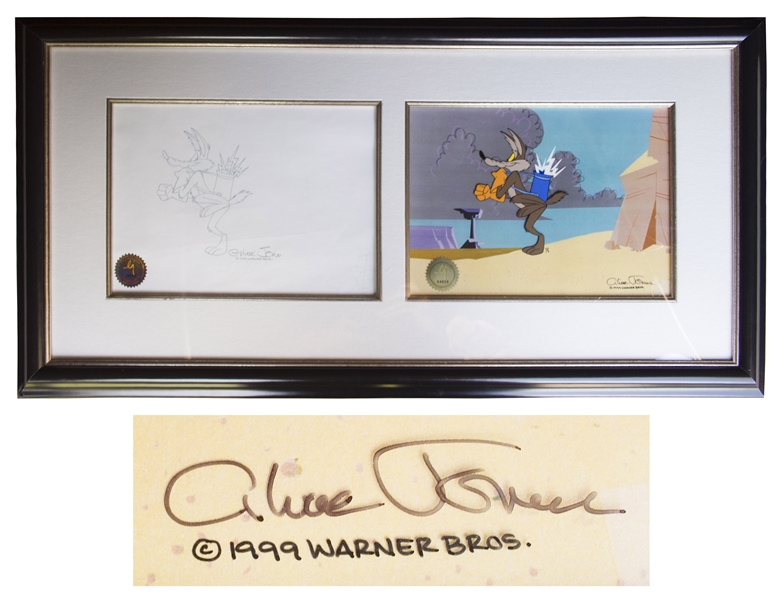 Chuck Jones Signed Animation Cel & Drawing from ''Chariots of Fur'' Featuring Wile E. Coyote