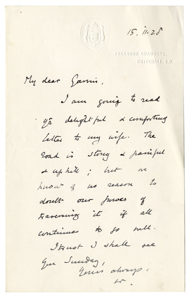 Winston Churchill Autograph Letter Signed -- ''...The road is strong + painful + uphill...''