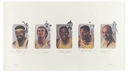 Lithograph of the Los Angeles Lakers Legends Signed by Wilt Chamberlain, Jerry West, Magic Johnson, Elgin Baylor and Kareem Abdul-Jabbar -- Limited Edition
