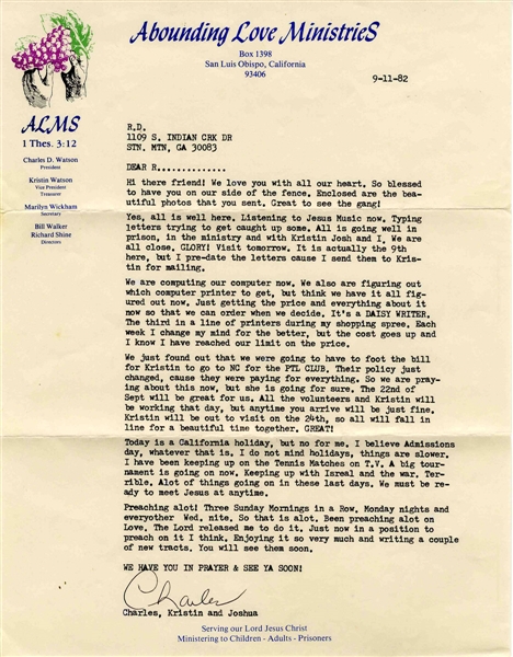 Charles ''Tex'' Watson Typed Letter Signed From Prison -- ''...We must be ready to meet Jesus at anytime...''