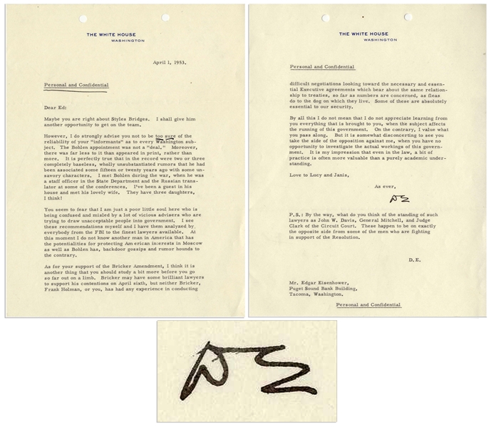 Dwight Eisenhower Typed Letter Signed as President on His USSR Appointment That Joseph McCarthy Complained Had ''Advanced Soviet Power'' -- ...The Bohlen appointment was not a 'deal.'...''
