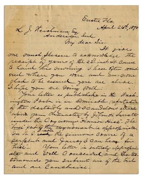 Eyewitness Letter to President Abraham Lincoln's Assassination -- ''...You will be fully justified in revealing the entire plot for the assassination of the noble Lincoln...''