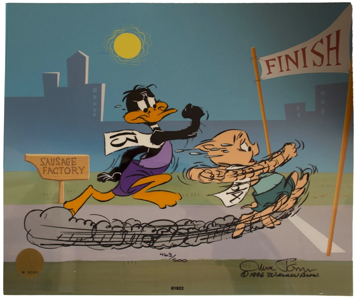 Chuck Jones Signed Limited Edition Hand-Painted Cel of Daffy Duck & Porky Pig