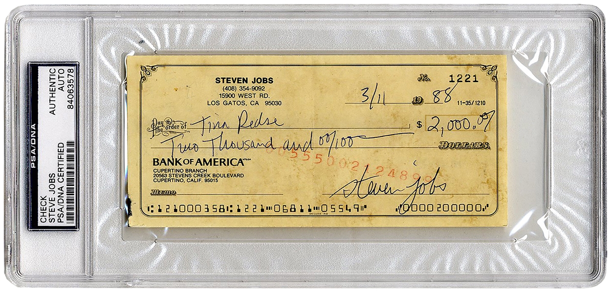 Steve Jobs Check Signed From 1988 -- Jobs Handwrites a Check for $2,000 to His Girlfriend Tina Redse -- Authenticated & Slabbed by PSA/DNA