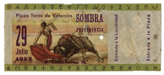 Ernest Hemingway's Own Bullfighting Ticket From 29 July 1959 -- Hemingway Wrote About the Bullfights of 1959 in His Final Book
