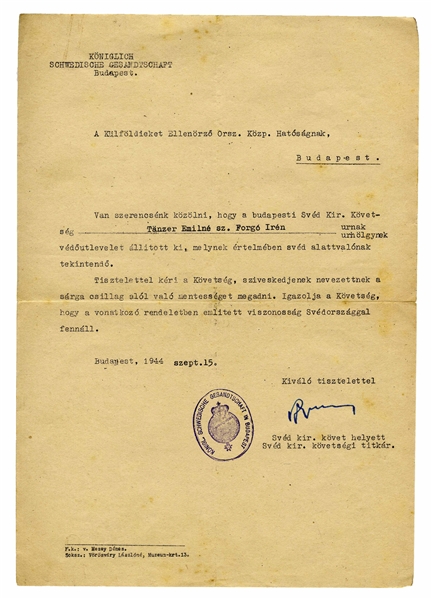 Raoul Wallenberg Signed Document From 1944, Granting a Protective Pass to 2 Siblings & Exempting Them From Having to Wear the Star of David -- Lot Also Includes Embassy Questionnaire for the Refugees