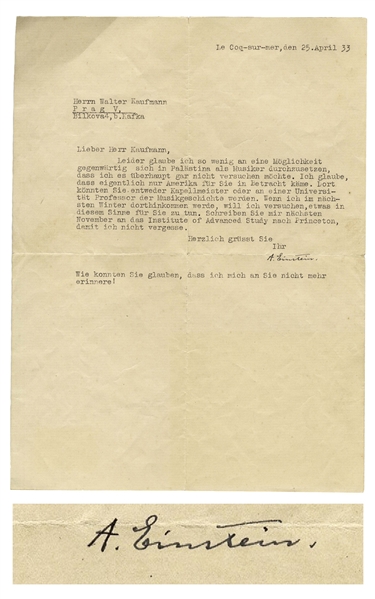 Albert Einstein 1933 Letter Signed to Composer Walter Kaufmann -- ''...I have so little faith in the possibility of prevailing as a musician in Palestine...only America would be a likely choice...''