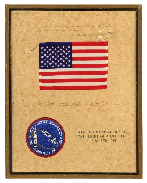 Apollo 9 Flown U.S. Flag & Mission Patch -- With Certificate Signed by Crew Members Dave Scott, James A. McDivitt and Rusty Schweickart