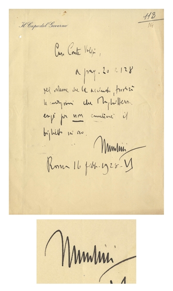 Benito Mussolini Autograph Letter Signed -- ''...to exchange a banknote for gold...''