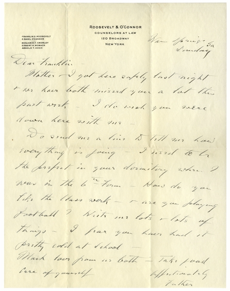 Franklin D. Roosevelt Autograph Letter Signed, Circa 1927 -- Roosevelt Writes a Loving Letter to His Son, Who Just Left for School