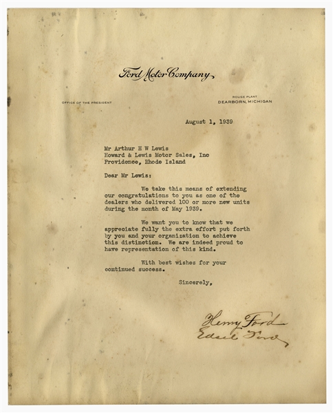 Henry and Edsel Ford Typed Letter Signed -- The Fords Congratulate One of Their Dealers Who Sold 100+ New Cars in May 1939