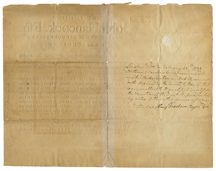 John Hancock Signed Military Appointment -- Countersigned by John Avery, Jr. & Henry Dearborn
